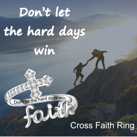 Helonley Cross Faith Ring for Women - 925 Sterling Silver Inspiration Ring Christian Faith Jewelry Sacred Purity Cross Ring with Religious Adjustable (Don't Let The Hard Days Win)