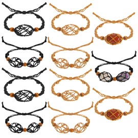 Fabbay 8 Pcs Crystal Bracelet Holder Empty Stone Holder Crystal Replacement Cage Cords Pendants Bracelets Cord Adjustable Rock Quartz for DIY Making(Black, Coffee)