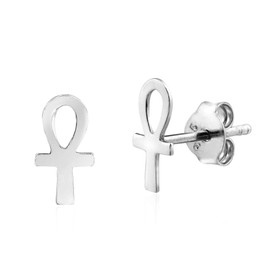 Aeravida Timeless Egyptian Ankh Cross Hieroglyph .925 Sterling Silver Stud Earrings | Cross Stud Earrings | Gothic Stud Earrings | Earrings for Special Occasions, Metal