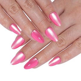32Pcs Cat Eye Press on Nails Short Almond Fake Nails Hot Pink Full Cover Glue on Nails Glossy Acrylic Nails Reusable Stick on Nails for Women Manicure