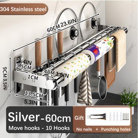 Hanging Wall Mount knife Wall Mount, Kitchen Organizer Storage Shelf for Utensils Spatula Spoon, Space-Saving Knife Rack with Hooks,Wall-Mounted Utensil Holder (Silver, 60CM+Three Poles+10Hooks)
