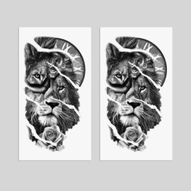 Oottati 2 Sheets Waterproof Fake Clock Lion Rose Mechanics Arm Leg Temporary Tattoo