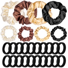 Pack of 28 Hair Bobbles, Silk Scrunchies, Black Elastic Hair Bobbles, Soft Satin Scrunchies, Stretch Hair Bands, Ponytail for Thick Hair, Women, Girls, Women
