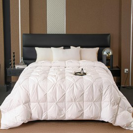Pinch Pleat Down Feather Comforter, All Season Medium Warmth Ultra-Soft 750 Fill-Power White Bedding Down Feathers Duvet Inserts with 8 Tabs, Queen Size(90x90inch)