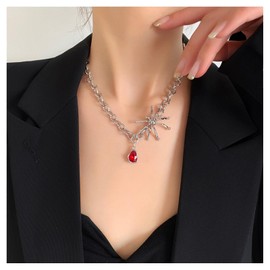 Cimenexe Gothic Spider Pendant Necklace Ruby Rhinestone Necklace Chain Drop Crystal Choker Necklace Ruby Crystal Necklace Chain Silver Spider Necklace Choker Chunky Link Chain Jewellery
