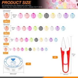 Rustark 502Pcs 4 Sizes Colorful Acrylic Crystal Beads 6mm 8mm 10mm 12mm Round Crackle Glass Beads Round Loose Beads with 1 Roll Crystal String Cord and Scissors for Bracelets and Jewelry Making