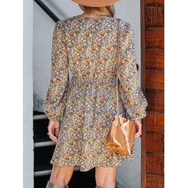 CUPSHE Women's V Neck Disty Floral Print Long Sleeve Pleated Mini Dress Casual A Line Short Dress