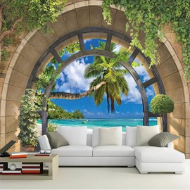 FENDROM Beach Decor Tapestry Ocean Sea Tropical Island Palm Tree Scenic View From Window Summer Tropical Scenery Wall Hanging Nature Tapestry For Bedroom Living Room Dorm