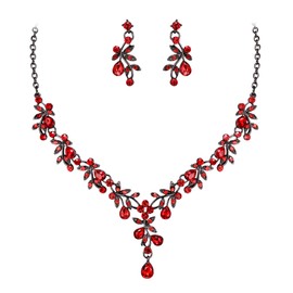 Clearine Wedding Jewellery Set for Women Bride, Y Necklace Dangle Earrings Set Impressive Crystal Teardrop Leaf Flower Cluster Prom Jewellery for Bride Bridesmaid Ruby Black Tone, Crystal