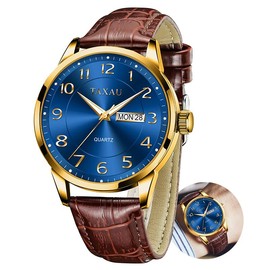 Taxau Classic Leather Watches for Men Analogue Quartz Big Dial Luxury Wrist Watches Waterproof Luminous Day Date Reloj para Hombre, Brown leather strap gold blue dial-g8405p, Strap.