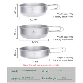 Boundless Voyage Outdoor Ultralight 3PCS Titanium Bowl Set Camping Cookware Picnic Tableware Titanium Pan for Camping Hiking Ti2031C