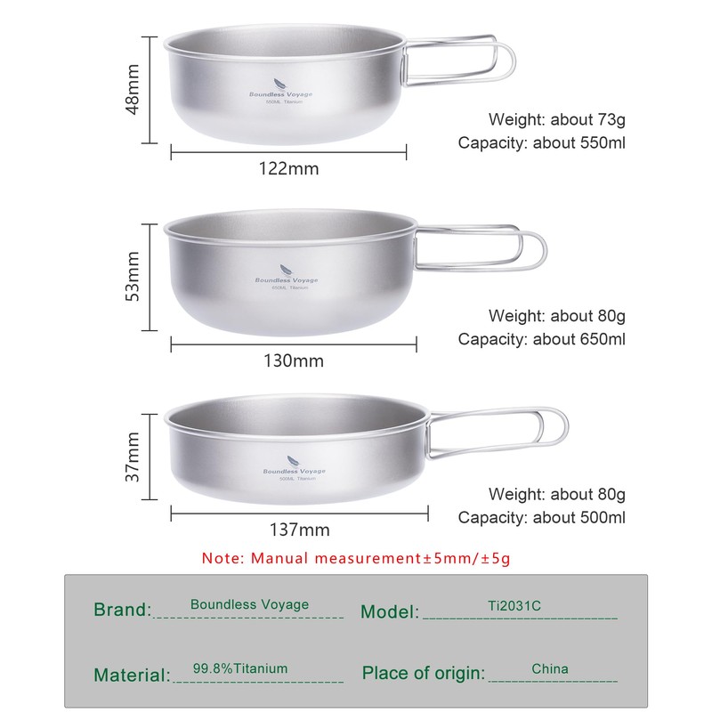 Boundless Voyage Outdoor Ultralight 3PCS Titanium Bowl Set Camping Cookware