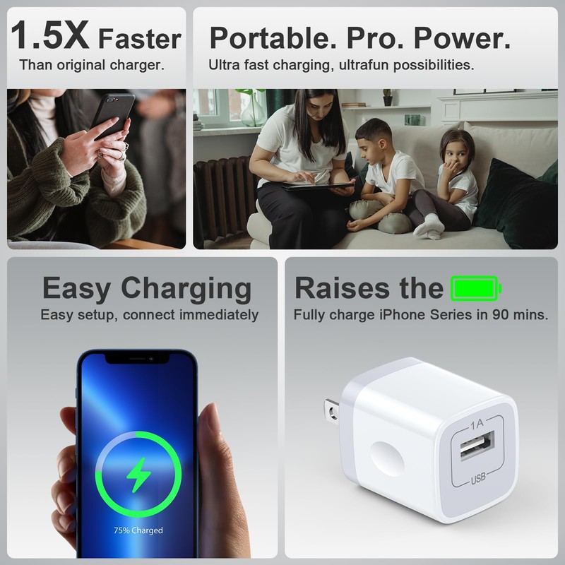 USB Power Adapter 5V/1A USB Charging Block 2Pack Single Port