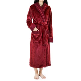 PAVILIA Soft Plush Women Fleece Robe, Burgundy Wine Red Cozy Bathrobe, Female Long Spa Robe, Warm Housecoat, Satin Waffle Trim, L/XL