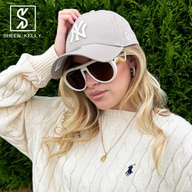 SHEEN KELLY Oversized Trendy Polarized Aviator Sunglasses for Women Men Retro Oval Flat Top Frame Curved Metal Designer Glasses, C3