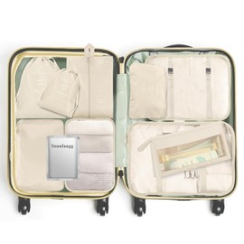 Youufangg Suitcase Organiser Set, 10 Pieces, Packing Cubes, Waterproof Travel Garment Bags, Packing Bags for Suitcase, Space-Saving Suitcase Organiser Set with 1 Pair of Foot Mask, Foot Mask (Beige)