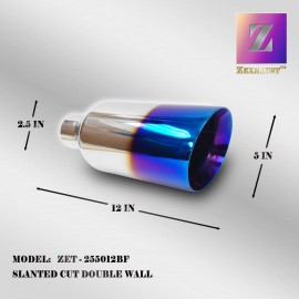 ZEXHAUST 5in BIG Blue Flame Exhaust Tip 2.5in Inlet 12in L Angle Double Wall Louder Sound