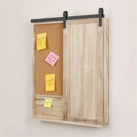 American Furniture Classics Solid Wood Barn Door Style Corkboard and Letter and Key Storage Wall Organizer, Distressed Natural Finish