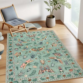 famibay Insect Botanical 3x5 Rug Washable Soft Foyer Rugs for Entryway Non Slip Carpet Rug for Entryway Bedroom Bathroom Laundry Living Room (Green,3x5)