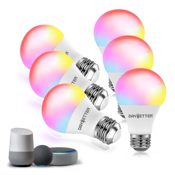 DAYBETTER Smart Light Bulbs, RGBCW Wi-Fi Color Changing Led Bulbs Compatible with Alexa & Google Home Assistant, A19 E26 9W 800LM Multicolor Bulb, No Hub Required, 6 Pack