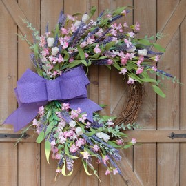 Idyllic 18 Inch Summer Wreath for Front Door with Forsythia Lavender Wild Flowers. Rustic and Farmhouse Indoor and Outdoor Artificial Flower Burlap Bow Knot Wreath for Home Decoration