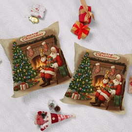 2 Pack Waterproof Outdoor Merry Christmas Throw Pillow Covers 18x18 Inch Xmas Tree Santa Claus Pillow Cases Holiday Winter Farmhouse Decoration Cushion Cover for Sofa Couch