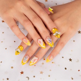 LOVFUL Press on Nails Honey Bee Yellow | Handmade with Full Covered Crystals | Reusable Fake Nails | Almond Regular 1.0 in | H101-S