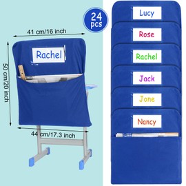 Maitys 24 Pcs Chair Storage Pocket 17 Inch Chair Bag Chair Pockets for Classrooms Student Chair Pockets Classroom Chair Organizer with Name Tag for Keeping Student Book School Table Organized (Blue)
