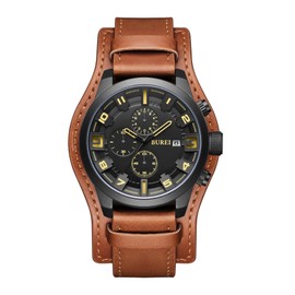 BUREI Sports Chronograph Men's Watch, Brown Leather Watch, Multifunctional Fashion Watch, Large Dial Sports Watch, Waterproof Analog Quartz Watch