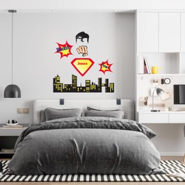 BESTDECOR4YOU Custom Boys Name Sticker with City Landscape and Comic Book Elements to Design Baby Wall Or Laptop - Customize Boys Name Sticker with Any Size