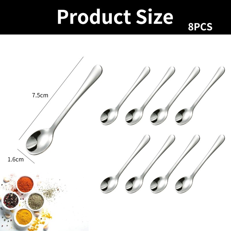 8pcs 7.5cm×1.6cm Tiny Stainless Steel Spoons Set, 304 Steel Mini