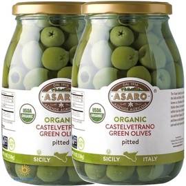 Organic Olives |ASARO Organic Castelvetrano Green Pitted Olive Is GMO FREE, GLUTEN FREE, VEGETARIAN, VEGAN & Keto Friendly Olives Good for Healthy Snacks On the Go, Salad and Cocktails Bundled with BETRULIGHT Fridge Decal - 19 OZ Glass Jar ( Pack of 2 )