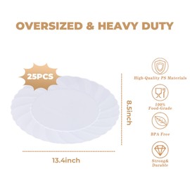 U-QE 25 Count Oval White Plastic Plates for Party - 13.4inch Large Plates Heavy Duty - Oval Plastic Plates Disposable - Large Fancy Plastic Plates for Thanksgiving and Party, BBQ, Picnic