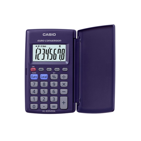Casio HL-820VER, 8 Digit Pocket Calculator With Euro Conversion,Blue
