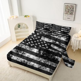 kxry Black and White USA American Flag Fitted Sheet Sets Twin Size for Boys Kids Teens Dirty US Stars Stripes Flags Bedding Set 1 Fitted Sheet + 1 Flat Sheet + 1 Pillow Case