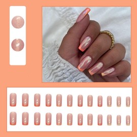 French Tip Press on Nails Medium Square Fake Nails Orange False Nails with Design Chrome Aurora Acrylic Nails Mirror Stick on Nails Glossy Full Cover Glue on Nails for Women Manicure 24Pcs