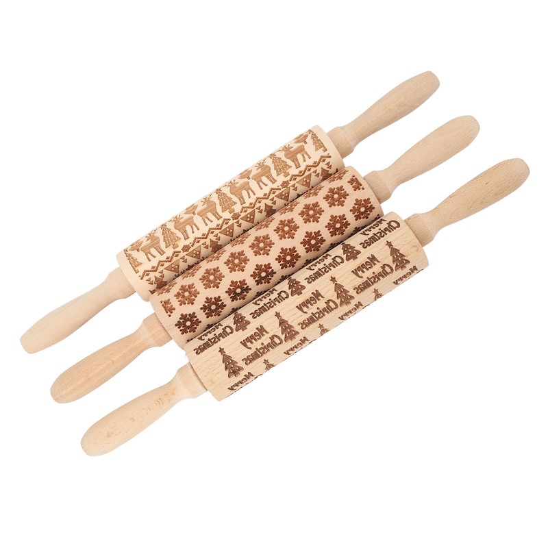 3Pcs Wooden Embossed Rolling Pin Cute Christmas Pattern Engraved Embossing