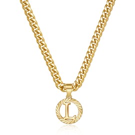 KissYan Gold Initial Necklace for Women, 14K Gold Plated Round Letter Pendant Hollow Capital Monogram 5mm Cuban Chain Necklace Alhpabets from A-Z Dainty Jewelry for Men(Letter L)