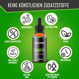 vitalmed Vital-Med hochdosiertes Hanf?l mit 30ML (750 Tropfen) und 25mg pro Tropfen - Premium Vital Hanfsamen?l - 100% Natur - Hanftropfen mit Omega 3-6-9 (Natur)