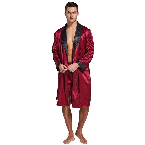 Tony & Candice Men's Satin Robe Lightweight Long Sleeve Silk Kimono Bathrobe with Shorts Set Sleepwear（Large, Burgundy with Black Collar)