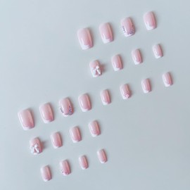 White French Press on Nails Short Square Pink Fake Nails Valentine's Day False Nails with 3D Bow Flower Rhinestone Design Acrylic Nails Cute Glue on Nails Full Cover Stick on Nails for Women Pcs