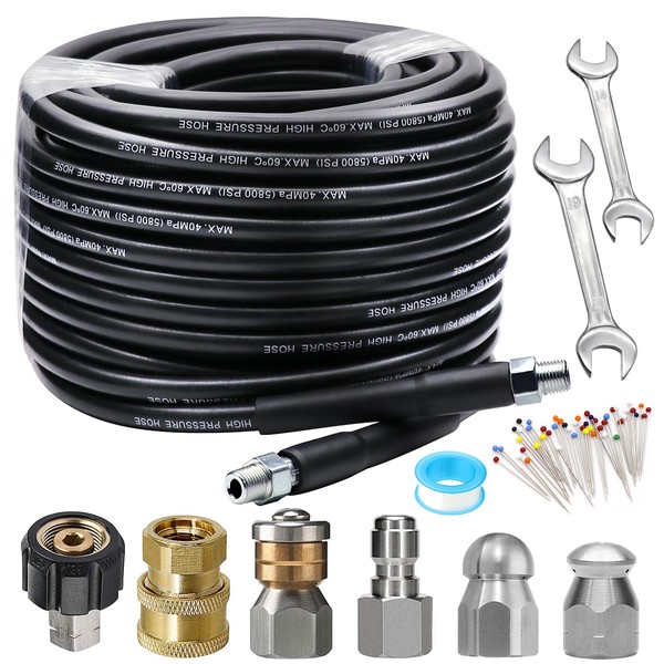 WEST BAY Sewer Jetter Kit 100FT for Pressure Washer, 5800PSI Drain Cleaner Hose 1/4 Inch NPT Corner Rotating and Button Nose Sewer Jetting Nozzle Spanner Waterproof Tape Pearl Corsage Pin