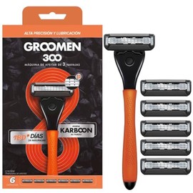 GROOMEN 300 Rastrillo con 3 cuchillas con nanotecnología cerámica, doble banda lubricante, carbón activado, aloe vera y vitamina E, Caja con 1 mango y