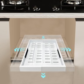 Mamakura 1 Pack Expandable Pull Out Cabinet Organizer Adhesive，Adjustable Width （11.81" - 19.68"） Deep （16.3" - 21.73"） Slide Out Drawer for Kitchen Cabinets， White