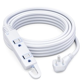 Maximm Extension Cord White 25 Ft with Automatic Closing Hook, Multi Outlet - 3 Prong Power Cord Extender Angled Flat Plug, Child Safety Feature (25ft)