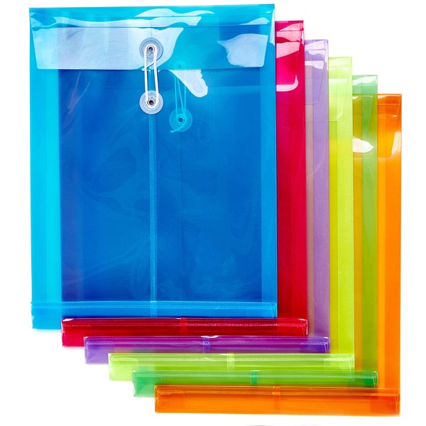 FANWU 6 Pack Plastic Envelopes Poly Envelopes Expandable Files Document Folders with Button & String Tie Closure - Letter A4 Size - 1-1/4 Inch Expansion - for School Office & Home (Assorted Color)