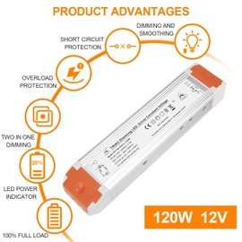 120 Watts 12V 10A Dimmable LED Driver Dimming LED Power Supply 110V to 12V DC led Transformer 12v dimmable (2 Pack)