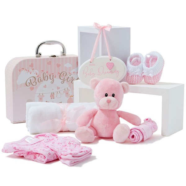 Baby Box Shop Baby Girl Gifts Newborn - 7 Baby Shower Gifts Girl with Baby Essentials for Newborn Hamper, Unique Baby Girl Gifts, New Born Baby Gifts Girl, Baby Hamper for New Baby Girl Gifts - Pink