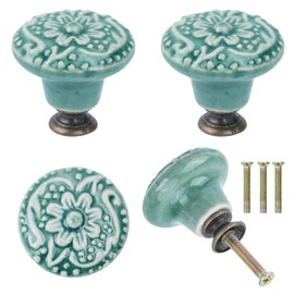Dibotell Set of 4 Vintage Furniture Knobs, Green Floral Pattern Ceramic Cabinet Knobs with Screws, Round Door Handles for Drawers, Dressers, Kitchen Cabinets, Retro Furniture Knob for Cabinets and