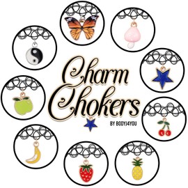 BodyJ4You 12PC Choker Necklace Charm Cherry Star Butterfly Berry Pendant Black Henna Tattoo Stretch